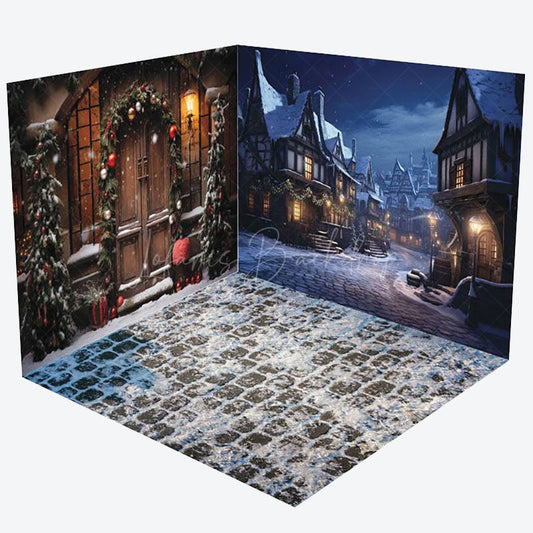Lofaris Winter Snowy Night Town Christmas Room Set Backdrop