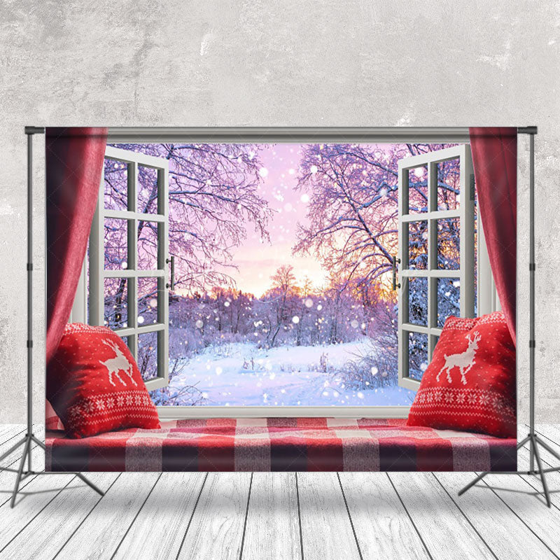 Lofaris Winter Sunset Cozy Bay Window Christmas Backdrop