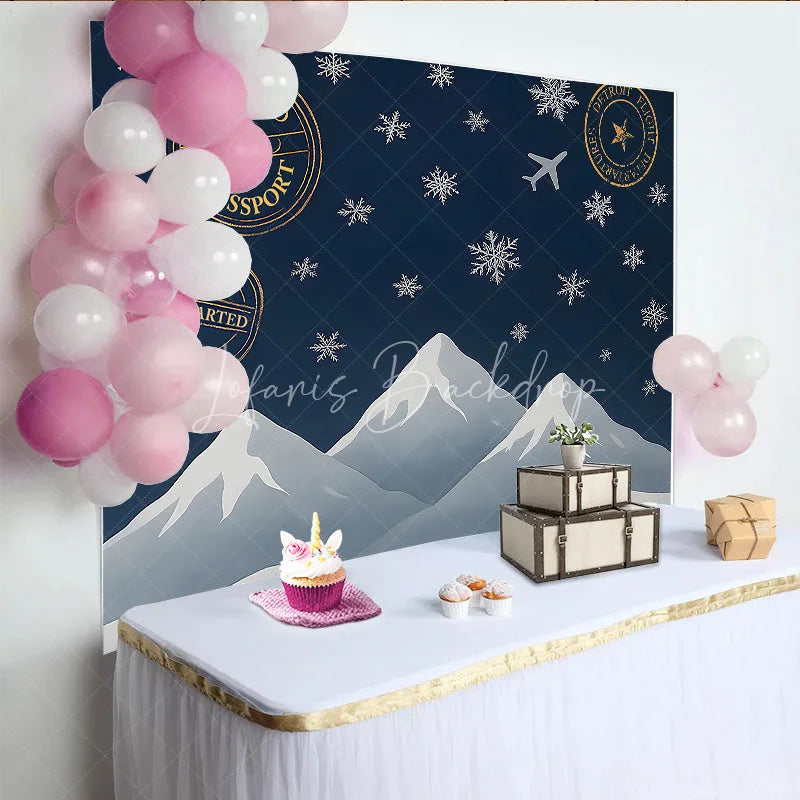 Lofaris Winter Travel Passport Photography Backdrop Snowy Mountains and Airplane Banner
