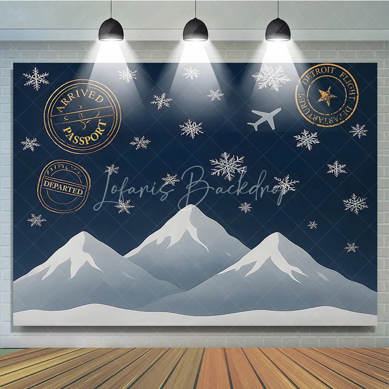 Lofaris Winter Travel Passport Photography Backdrop Snowy Mountains and Airplane Banner