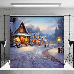 Lofaris Winter Village Christmas Photography Backdrop Snowy Cottages at Dusk Painted Holiday Landscape Photo Prop