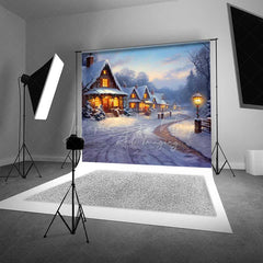 Lofaris Winter Village Christmas Photography Backdrop Snowy Cottages at Dusk Painted Holiday Landscape Photo Prop
