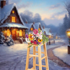 Lofaris Winter Village Christmas Photography Backdrop Snowy Cottages at Dusk Painted Holiday Landscape Photo Prop