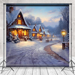 Lofaris Winter Village Christmas Photography Backdrop Snowy Cottages at Dusk Painted Holiday Landscape Photo Prop