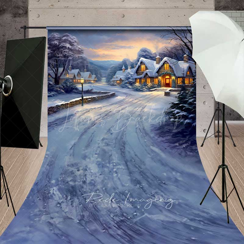 Lofaris Winter Village Christmas Sweep Photo Backdrop Snowy Cottages at Sunset Painted Holiday Landscape Prop