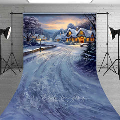 Lofaris Winter Village Christmas Sweep Photo Backdrop Snowy Cottages at Sunset Painted Holiday Landscape Prop
