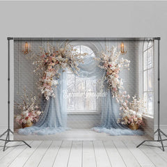 Lofaris Winter Wedding Arch Backdrop Window with Dusty Blue Drapes White and Pink Cherry Blossoms Decor