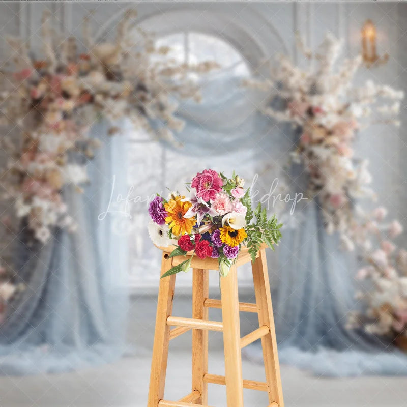 Lofaris Winter Wedding Arch Backdrop Window with Dusty Blue Drapes White and Pink Cherry Blossoms Decor