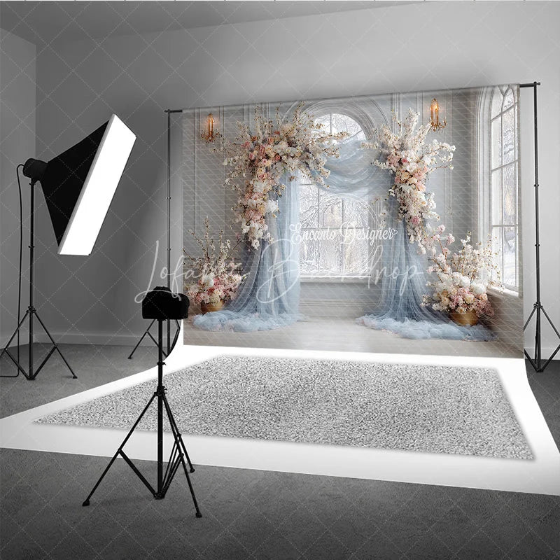 Lofaris Winter Wedding Arch Backdrop Window with Dusty Blue Drapes White and Pink Cherry Blossoms Decor