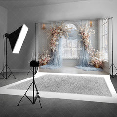 Lofaris Winter Wedding Arch Backdrop Window with Dusty Blue Drapes White and Pink Cherry Blossoms Decor