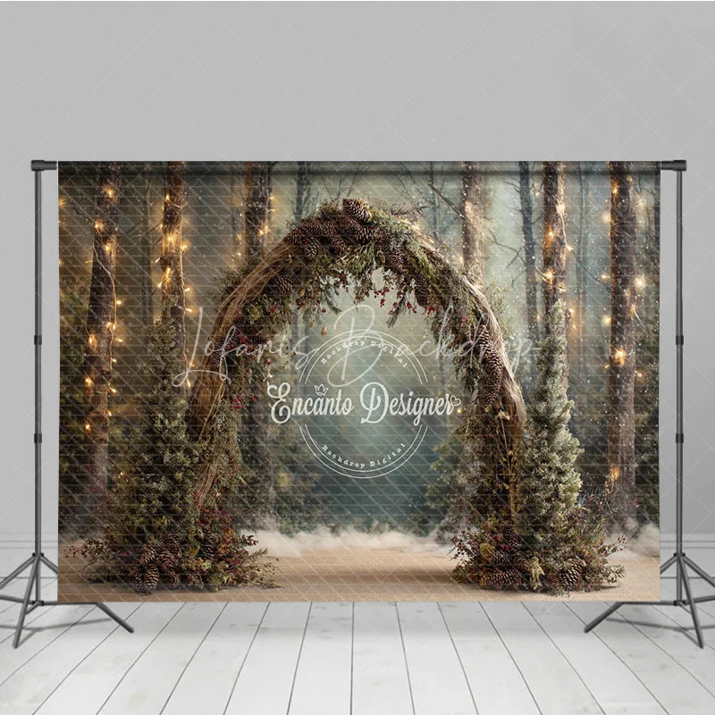 Lofaris Winter Wedding Arch Backdrop Round Pinecone with String Lights Enchanted Forest Holiday Photo Prop