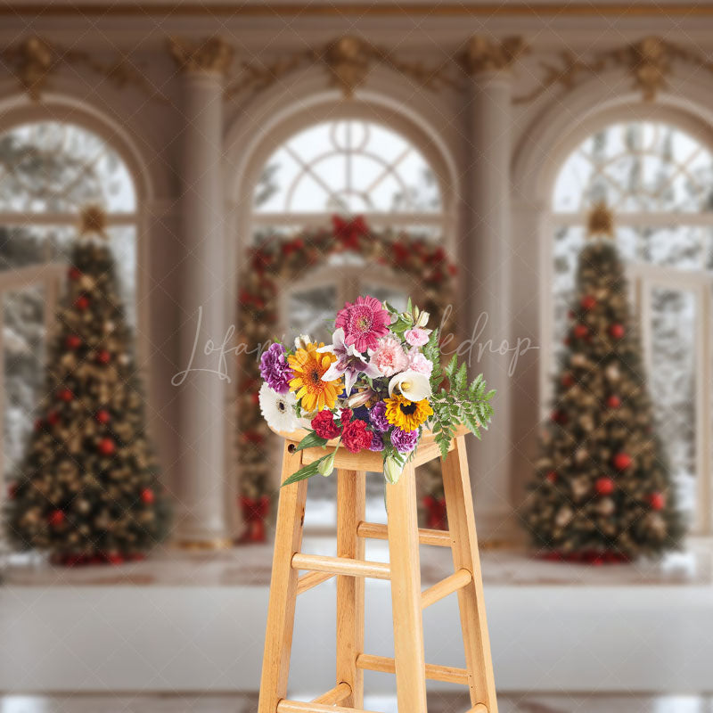 Lofaris Winter White Palace Xmas Tree Festive Photo Backdrop