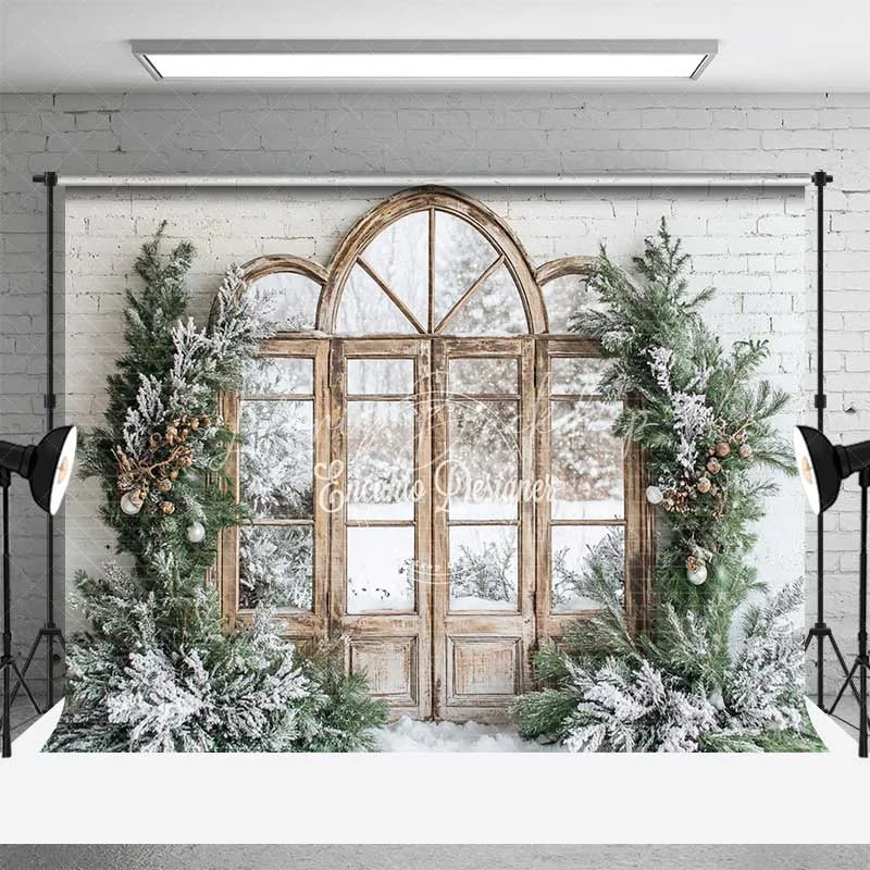 Lofaris Winter Window Backdrop Snowy Pine Forest View Arched Wood Door White Brick Wall Christmas Background