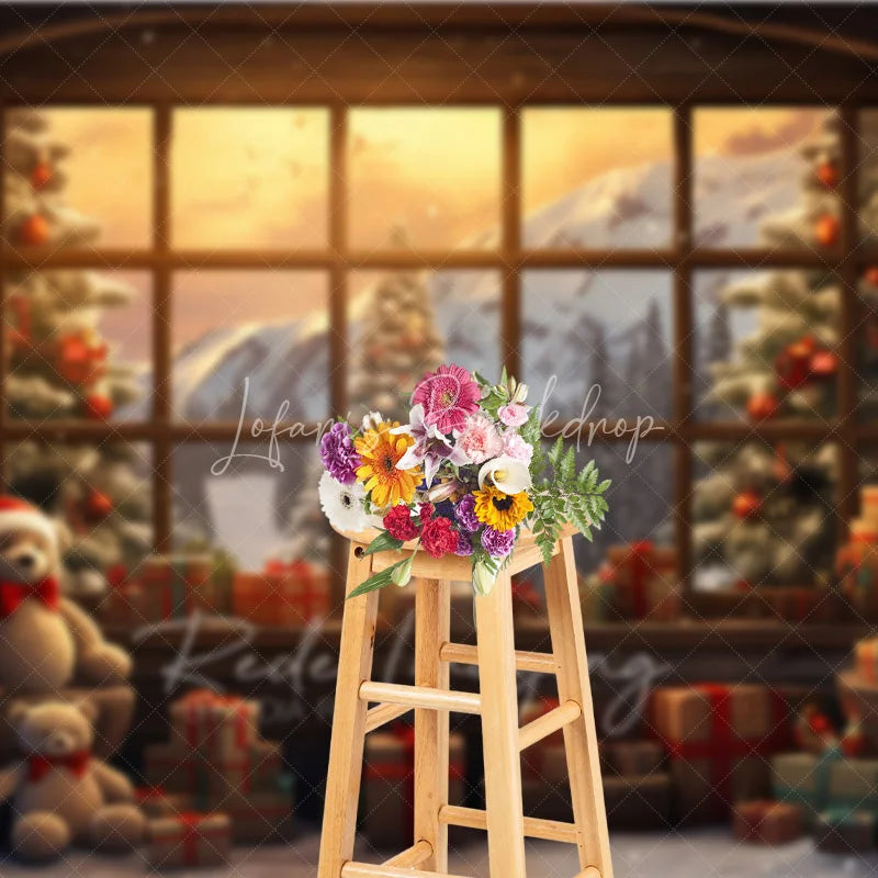 Lofaris Winter Window View Christmas Backdrop Teddy Bear Mountain Snow Background Scenic Landscape Holiday Party Decoration