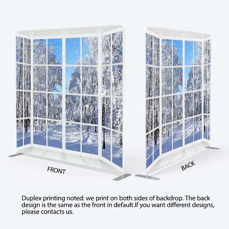 Lofaris Winter Window View Tension Fabric Backdrop Snowy Forest Landscape Decor White Frame Theme Background for Holiday
