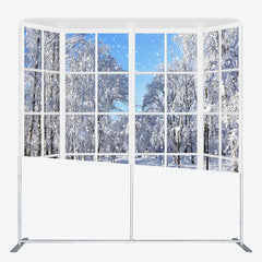Lofaris Winter Window View Tension Fabric Backdrop Snowy Forest Landscape Decor White Frame Theme Background for Holiday