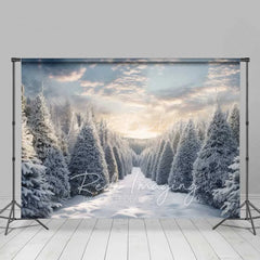 Lofaris Winter Wonderland Backdrop Snowy Pine Forest Path Sunset Sky Nature Photo Background