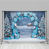 Lofaris Winter Wonderland Photography Backdrop Blue Gift Box Arch with Ice Skates Snowy Christmas Photo Background