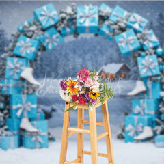 Lofaris Winter Wonderland Photography Backdrop Blue Gift Box Arch with Ice Skates Snowy Christmas Photo Background