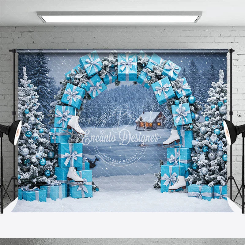 Lofaris Winter Wonderland Photography Backdrop Blue Gift Box Arch with Ice Skates Snowy Christmas Photo Background
