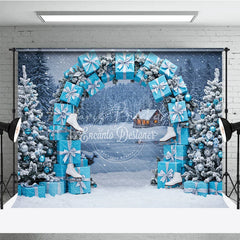 Lofaris Winter Wonderland Photography Backdrop Blue Gift Box Arch with Ice Skates Snowy Christmas Photo Background
