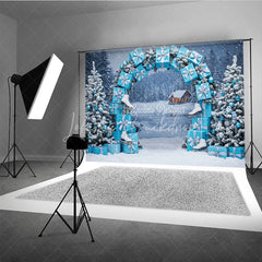Lofaris Winter Wonderland Photography Backdrop Blue Gift Box Arch with Ice Skates Snowy Christmas Photo Background