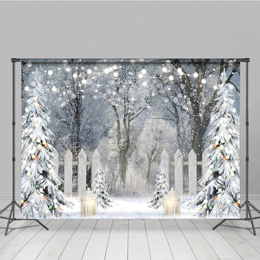Lofaris Winter Wonderland Photography Backdrop Snowy Forest with Flocked Trees Christmas String Lights Photo Background