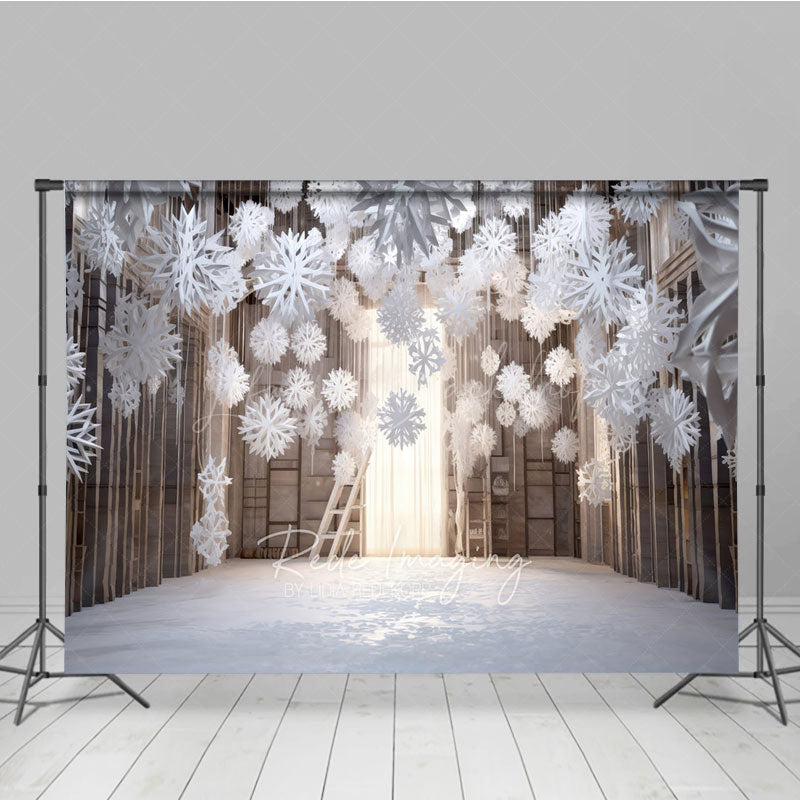 Lofaris Winter Wonderland Photography Backdrop with Hanging Paper Snowflakes White Christmas Rustic Holiday Photo Booth