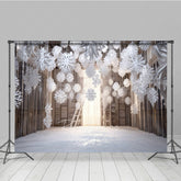 Lofaris Winter Wonderland Photography Backdrop with Hanging Paper Snowflakes White Christmas Rustic Holiday Photo Booth
