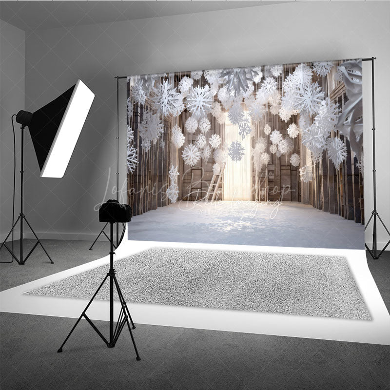 Lofaris Winter Wonderland Photography Backdrop with Hanging Paper Snowflakes White Christmas Rustic Holiday Photo Booth