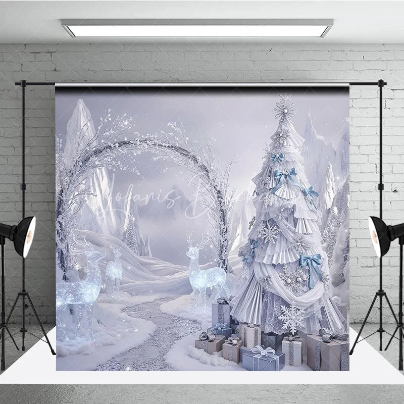 Lofaris Winter Wonderland Silver Ruffle Tree Backdrop Ice Castle Photography Background Crystal Reindeer Holiday Party Decoration