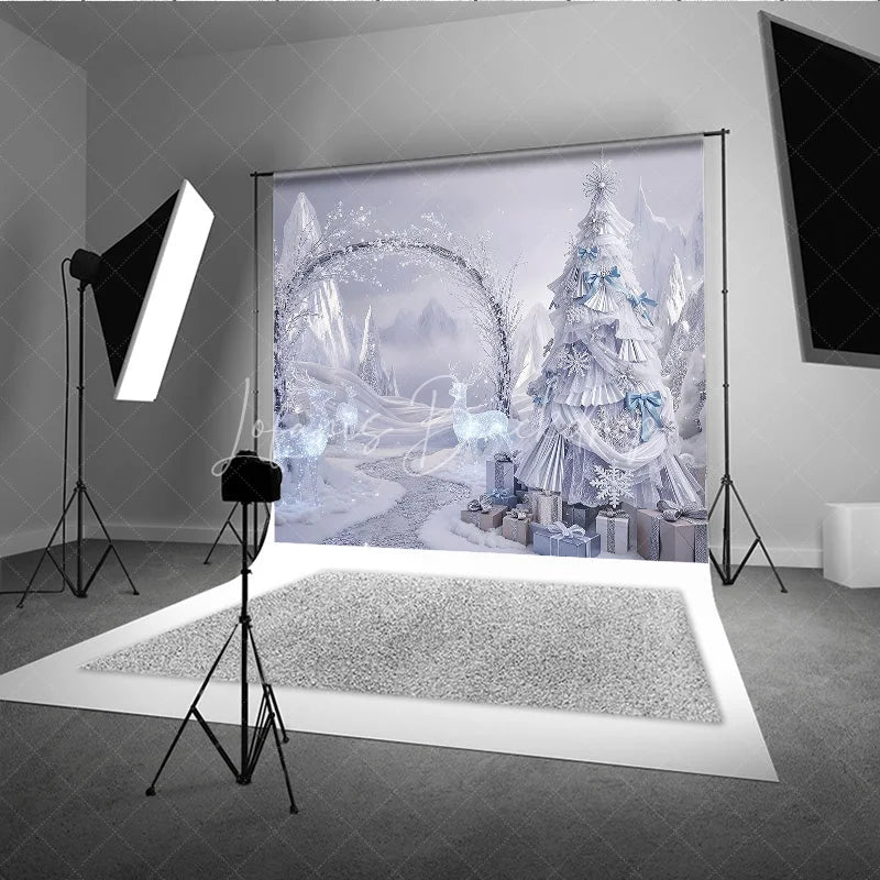 Lofaris Winter Wonderland Silver Ruffle Tree Backdrop Ice Castle Photography Background Crystal Reindeer Holiday Party Decoration