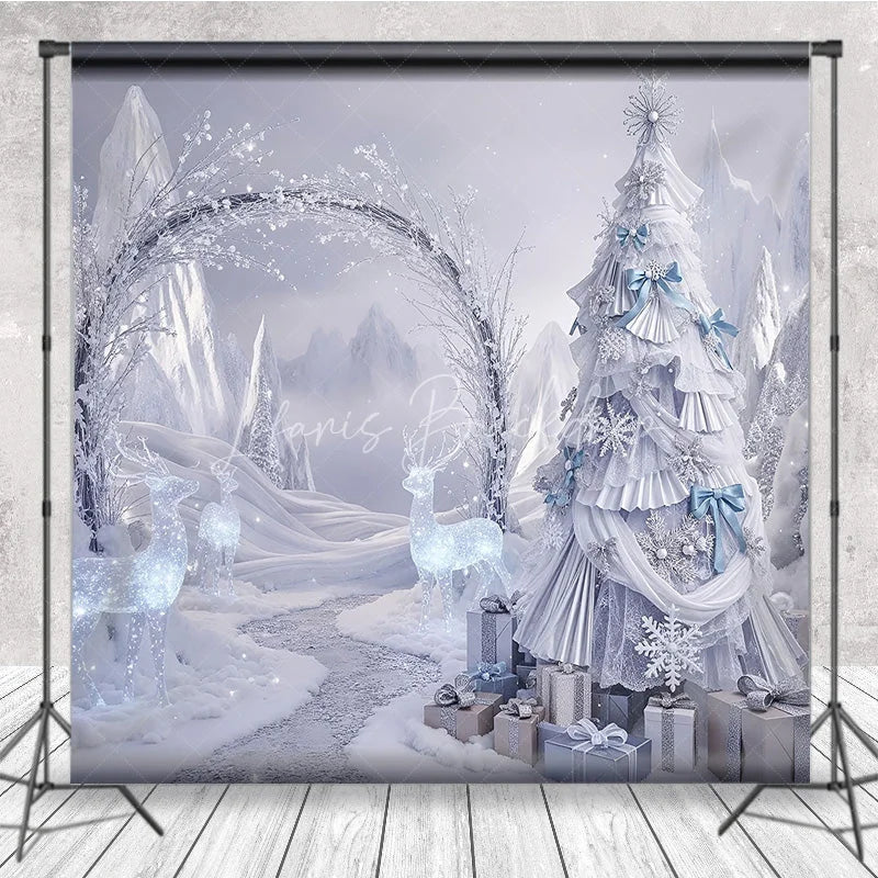 Lofaris Winter Wonderland Silver Ruffle Tree Backdrop Ice Castle Photography Background Crystal Reindeer Holiday Party Decoration