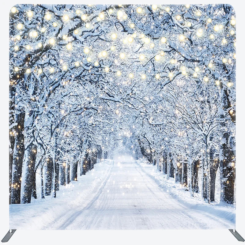 Lofaris Winter Wonderland Tension Fabric Backdrop Snowy Road with String Lights Christmas Forest Photography Background
