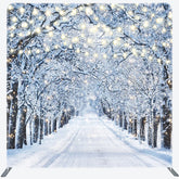 Lofaris Winter Wonderland Tension Fabric Backdrop Snowy Road with String Lights Christmas Forest Photography Background