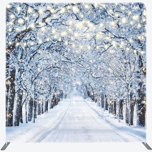 Lofaris Winter Wonderland Tension Fabric Backdrop Snowy Road with String Lights Christmas Forest Photography Background