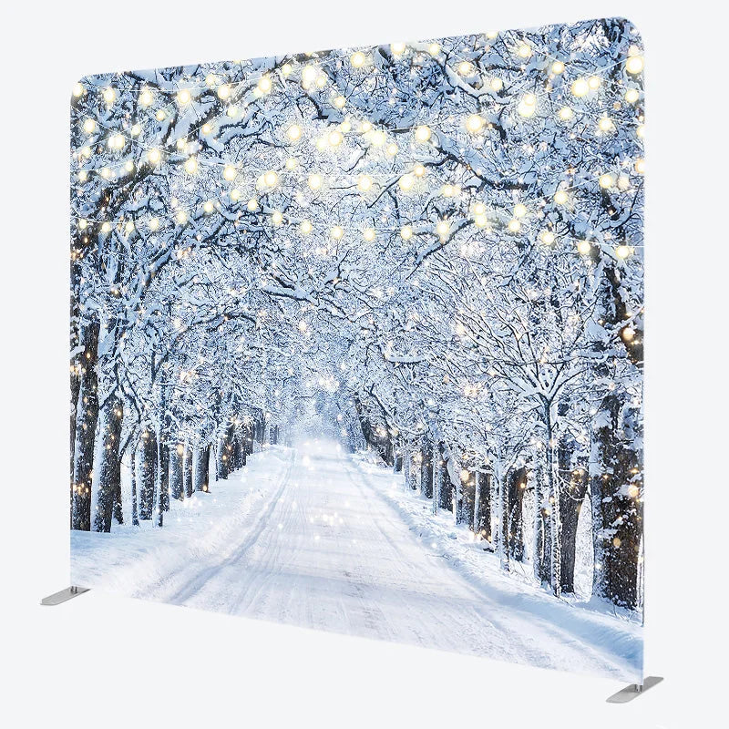 Lofaris Winter Wonderland Tension Fabric Backdrop Snowy Road with String Lights Christmas Forest Photography Background