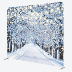 Lofaris Winter Wonderland Tension Fabric Backdrop Snowy Road with String Lights Christmas Forest Photography Background