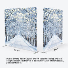 Lofaris Winter Wonderland Tension Fabric Backdrop Snowy Road with String Lights Christmas Forest Photography Background