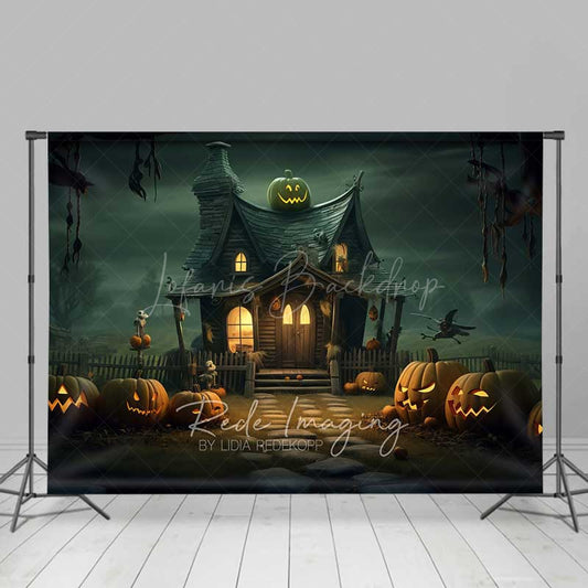 Lofaris Witch’s Cottage Halloween Photography Backdrop Spooky House with Jack O’ Lanterns Haunted Forest Night Scenery
