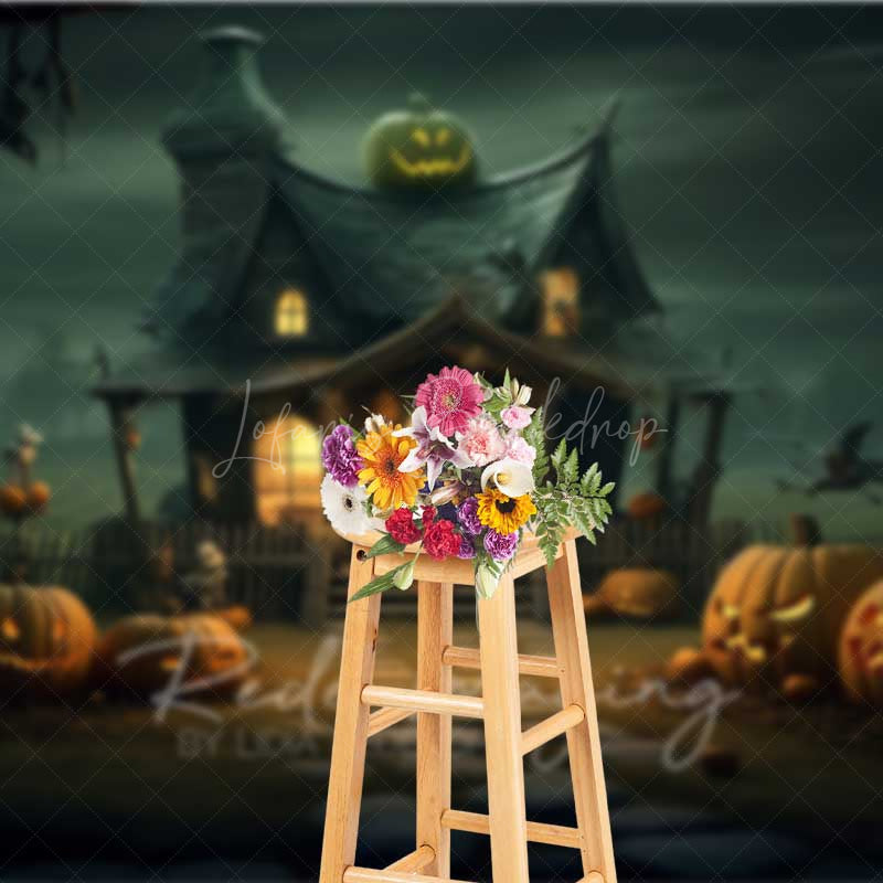 Lofaris Witch’s Cottage Halloween Photography Backdrop Spooky House with Jack O’ Lanterns Haunted Forest Night Scenery