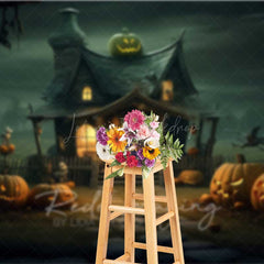 Lofaris Witch’s Cottage Halloween Photography Backdrop Spooky House with Jack O’ Lanterns Haunted Forest Night Scenery