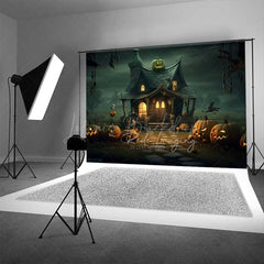 Lofaris Witch’s Cottage Halloween Photography Backdrop Spooky House with Jack O’ Lanterns Haunted Forest Night Scenery