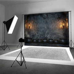 Lofaris Witch’s Lair with Cauldrons Photography Backdrop Spooky Dungeon Wall for Halloween Medieval Photo Shoots