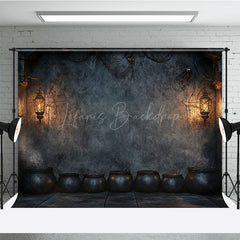 Lofaris Witch’s Lair with Cauldrons Photography Backdrop Spooky Dungeon Wall for Halloween Medieval Photo Shoots