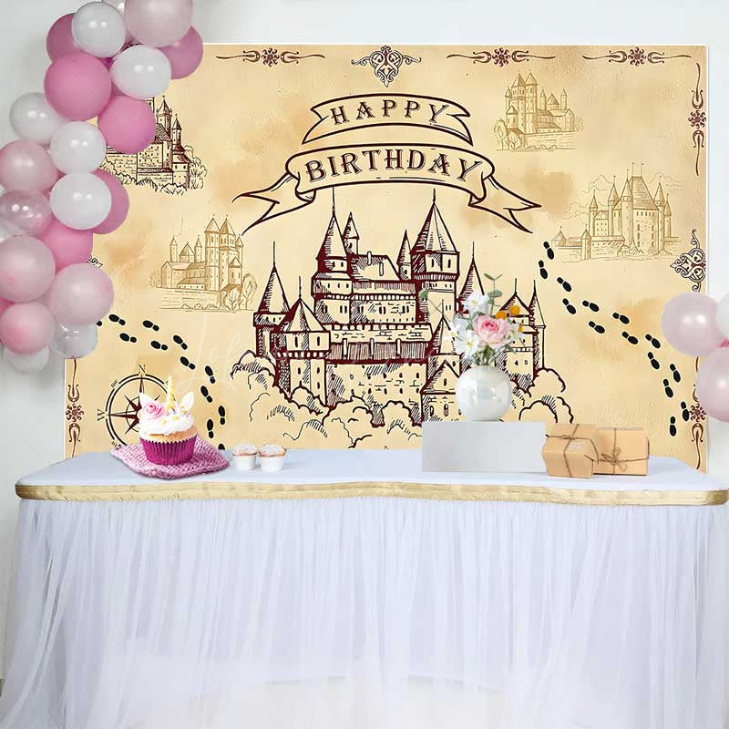 Lofaris Wizard School of Magic Birthday Backdrop Vintage Castle and Footprints Banner Fantasy Movie Theme Party Supplies
