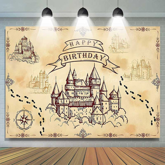 Lofaris Wizard School of Magic Birthday Backdrop Vintage Castle and Footprints Banner Fantasy Movie Theme Party Supplies