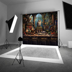 Lofaris Wizard’s Study with Owl Photography Backdrop Magical Potions and Books Desk Fantasy Halloween Photo Shoots