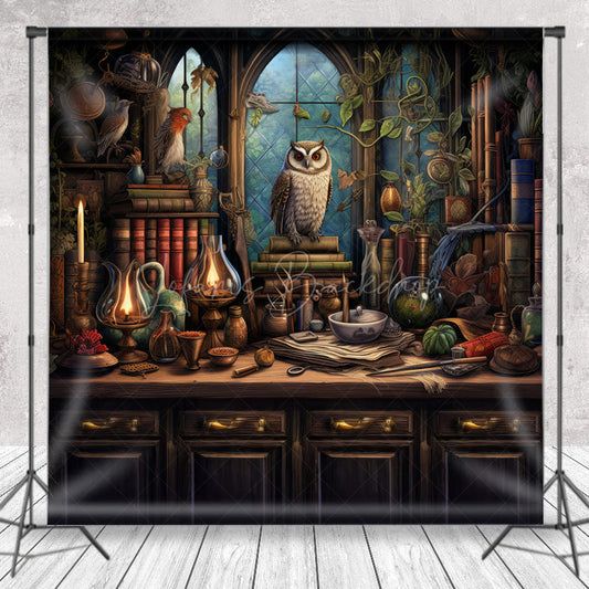 Lofaris Wizard’s Study with Owl Photography Backdrop Magical Potions and Books Desk Fantasy Halloween Photo Shoots