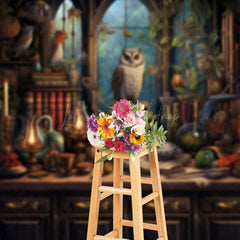 Lofaris Wizard’s Study with Owl Photography Backdrop Magical Potions and Books Desk Fantasy Halloween Photo Shoots